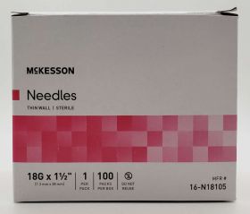 Needles, Sterile, Thin Wall, Single Use, 18 Gauge 1 1/2 Inch Length (1.3mm x 38mm)