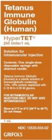 HyperTET™ S/D Tetanus Immune Globulin (Human), Preservative Free 250 Unit/mL Intramuscular Injection Prefilled Syringe 1mL