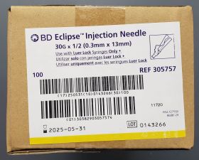 Eclipse Hypodermic Needle, Hinged Safety, Sterile, Single Use, 30 Gauge 1/2 Inch Length