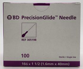 PrecisionGlide Hypodermic Needle, Without Safety, Thin Wall, Regular Bevel, Sterile, Single Use, 16 Gauge 1 1/2 Inch Length