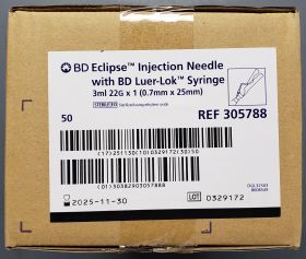 Eclipse Syringe with Hypodermic Needle, Hinged Safety, Detachable Needle, Luer Lock Tip, Sterile, Single Use, 22 Gauge 1 Inch Length 3mL