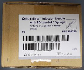 Eclipse Syringe with Hypodermic Needle, Hinged Safety, Detachable Needle, Luer Lock Tip, Sterile, Single Use, 27 Gauge 1/2 Inch Length 1mL